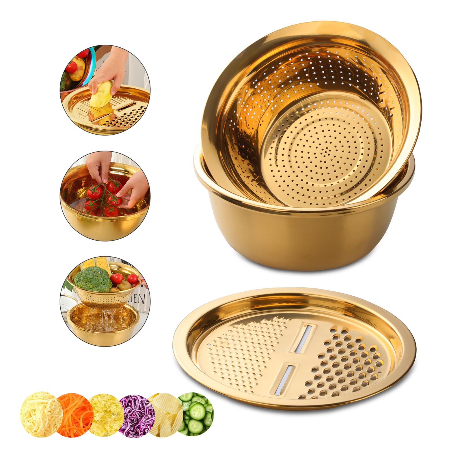 3Pcs Stainless Steel Colander Set - 3-in-1 Strainer Bowl, Vegetable Cutter & Drain Basket for Washing Fruits, Vegetables, Rice - Gold Kitchen Tool (Perfect for Salad Prep, Pasta Draining & Mixing Ingredients)