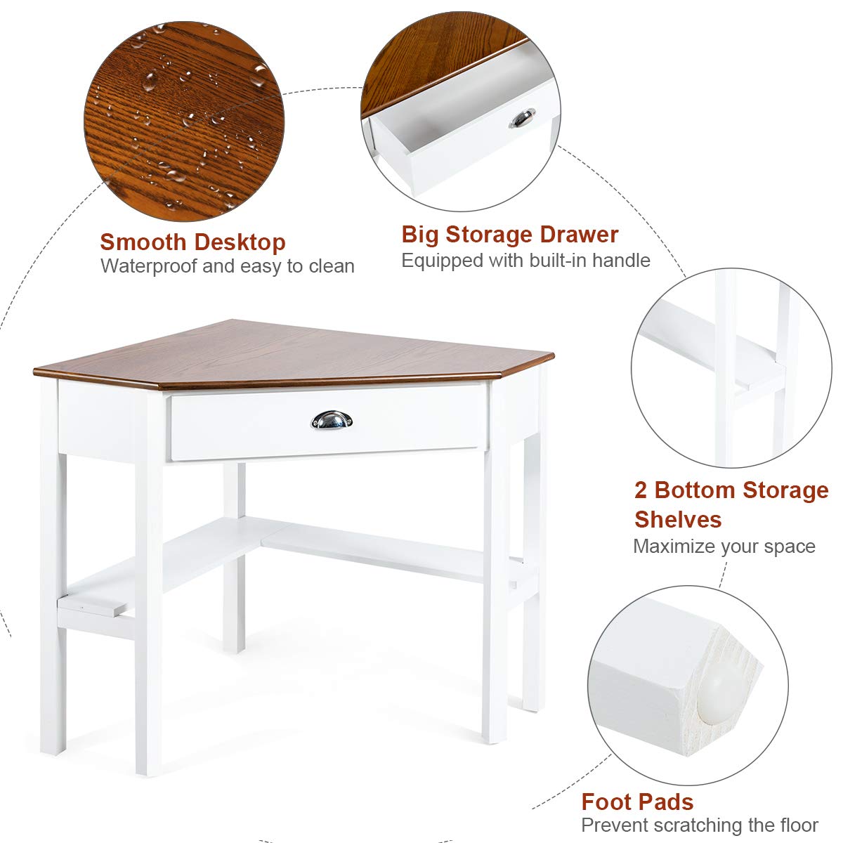 Tangkula 90-Degree Corner Desk with Drawer & Storage Shelves - Compact Computer Desk & Makeup Vanity for Small Spaces (Natural & White) - Perfect for Home Office, Dorm Room & Bedroom Workspace
