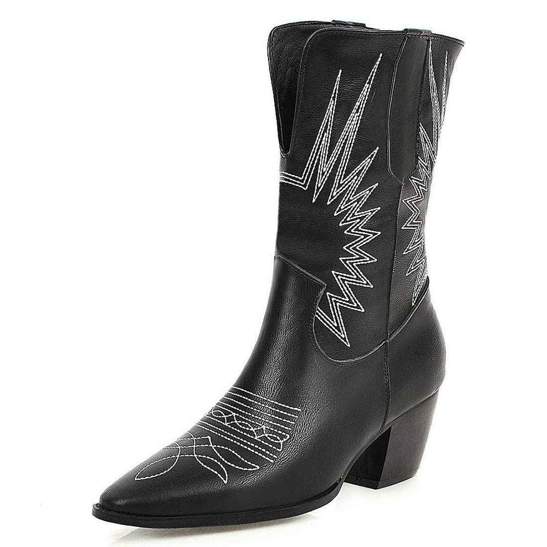 KiutSymo Women's Retro Embroidered Cowgirl Boots - Western Pull-On Mid Calf Cowboy Boots with Stitching Details | Perfect for Country Dancing, Rodeo Events & Western Fashion Outfits