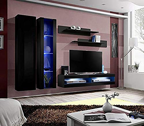 Modern Black Wall-Mounted TV Stand with Storage Shelves & LED Lights - Floating Entertainment Center Console for Living Room & Bedroom - Perfect for Small Spaces & Home Theater Setup - A4 34TV Meble Furniture Fly