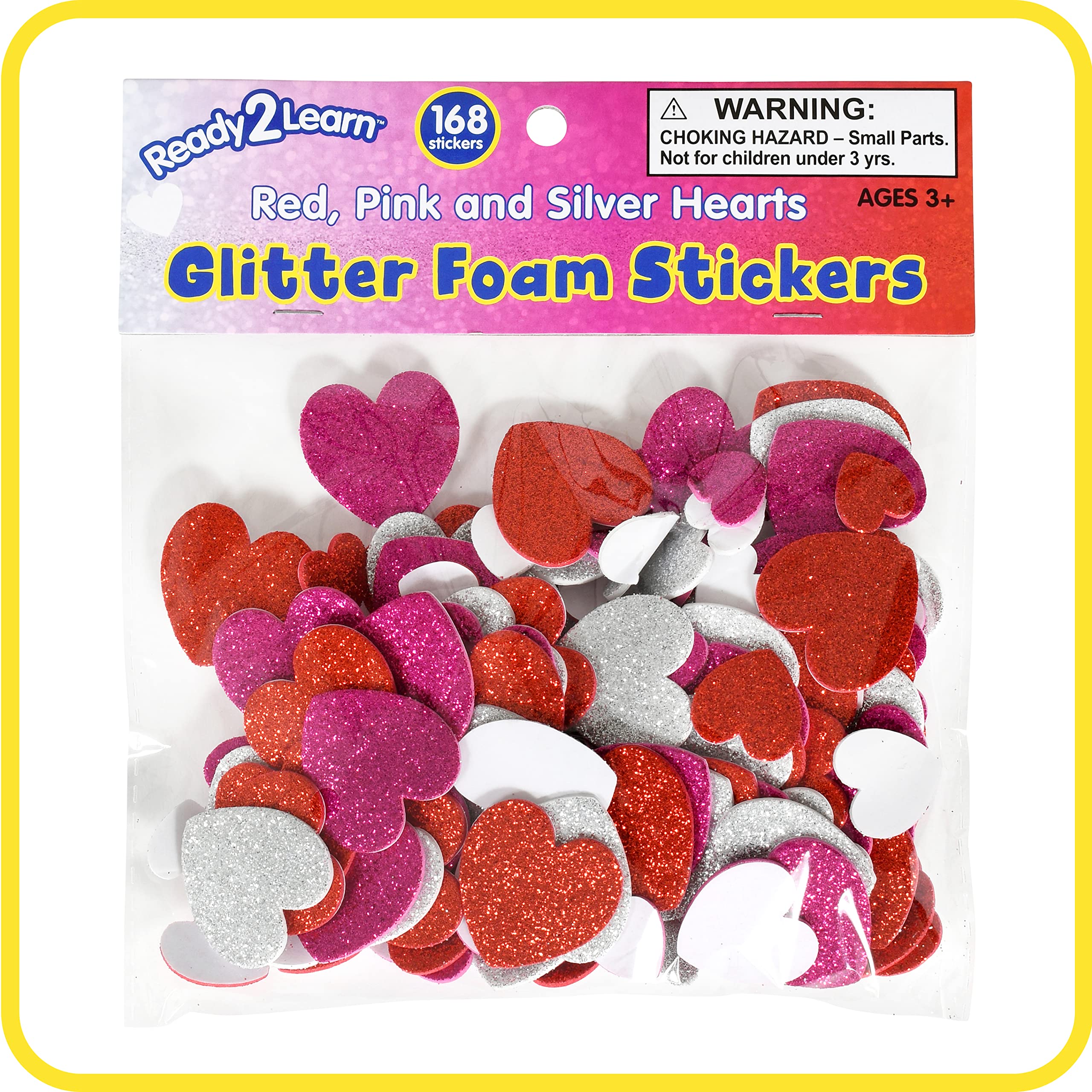READY 2 LEARN Glitter Foam Stickers - 168 Self-Adhesive Heart Stickers for Kids (Red, Pink, Silver) - Perfect for Scrapbooking, DIY Crafts, School Projects & Party Decorations