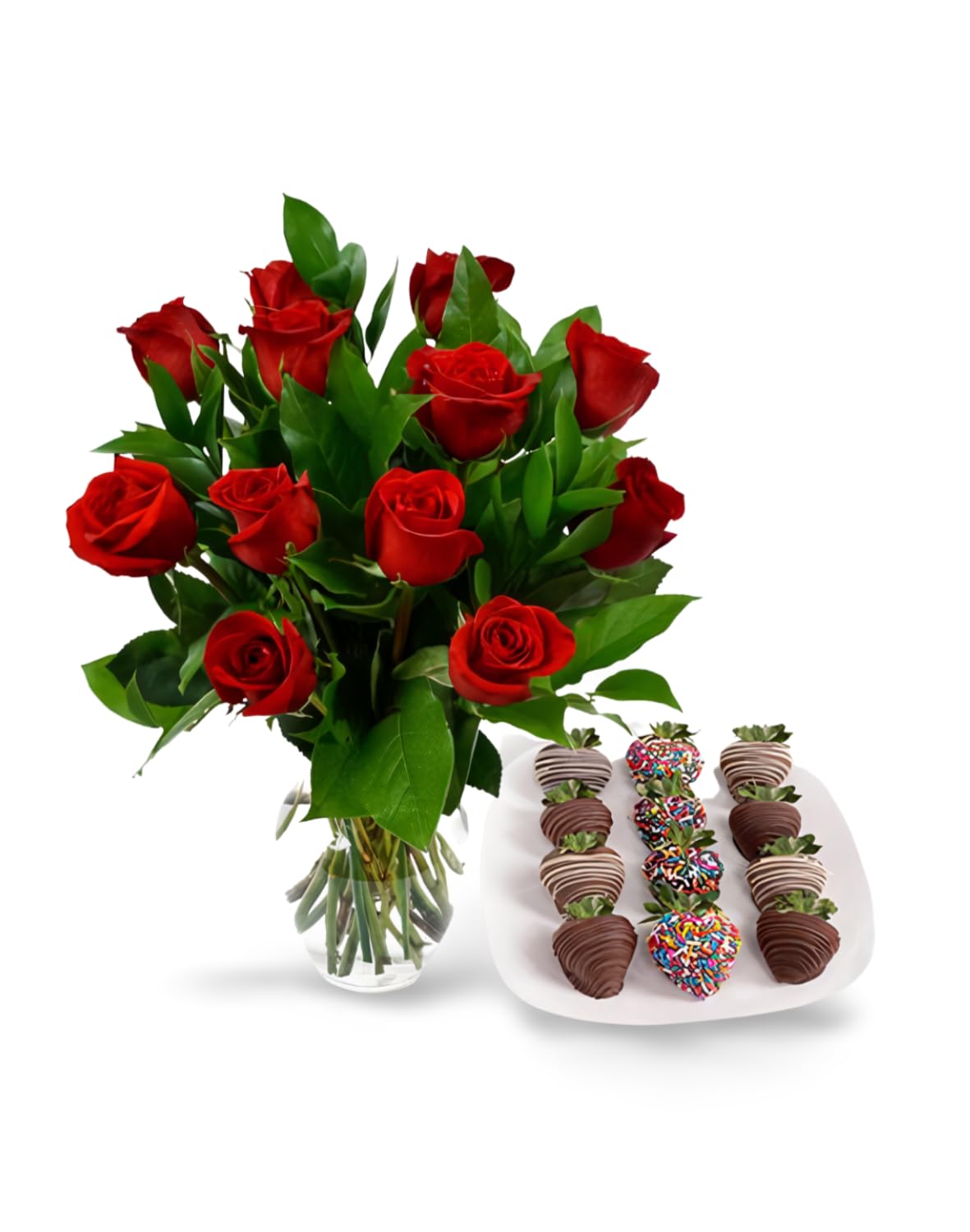 KaBloom Fresh 12 Red Roses with Chocolate Dipped Berries & Vase - Next Day Delivery | Birthday, Anniversary, Valentine's, Mother's Day Gift | Perfect for Romantic Surprises, Home Decor & Special Occasions