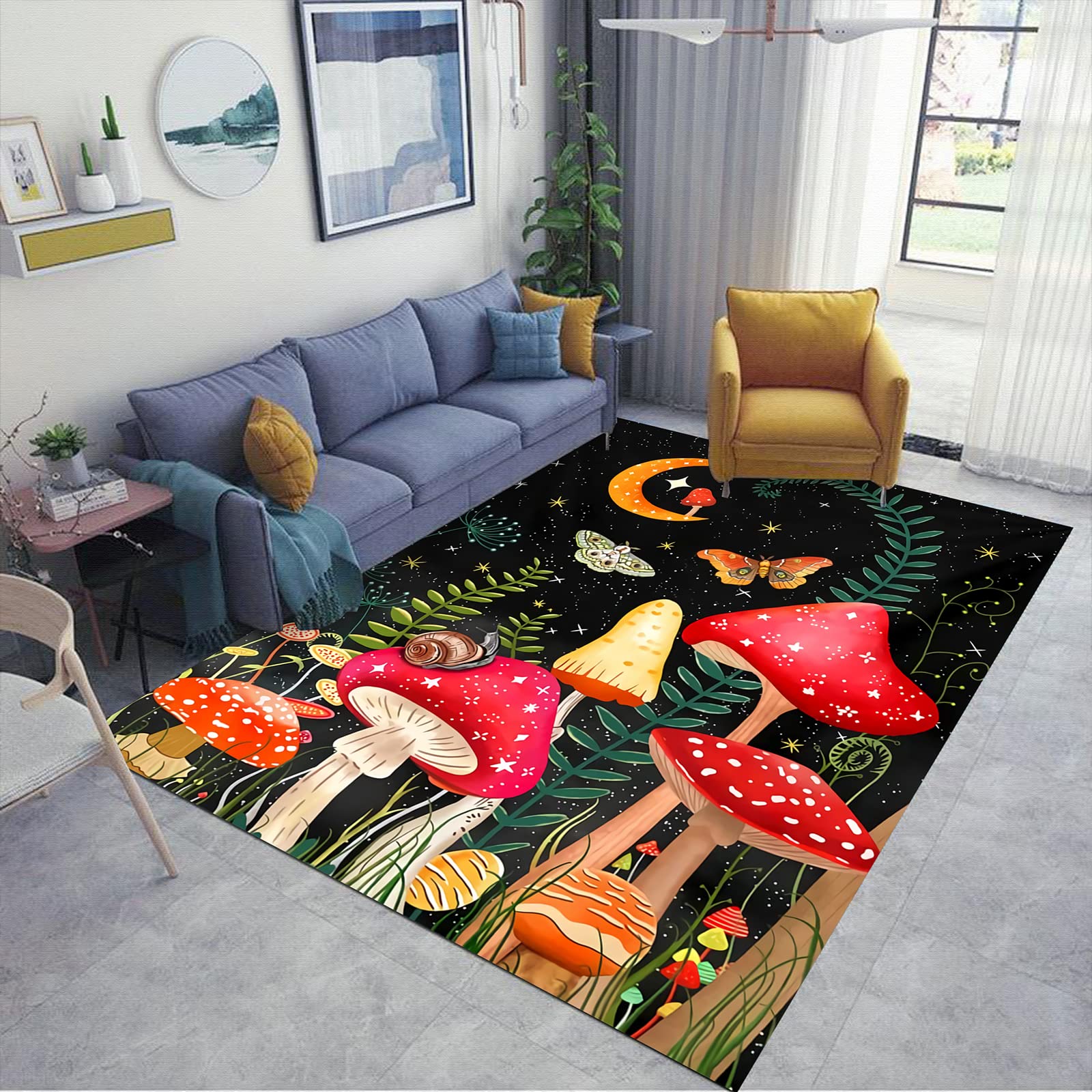 LGGQQW Bohemian Mushroom Area Rug with Moon & Star Design - Aesthetic Vertical Carpet for Bedroom Decor, Living Room, Nursery & Dorm
