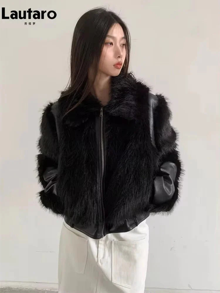 2023 Women's Fluffy Faux Fox Fur Coat - Soft Thickened Warm Shaggy Patchwork Jacket for Autumn & Winter | Cozy Outerwear for Casual Outings & Cold Weather Fashion