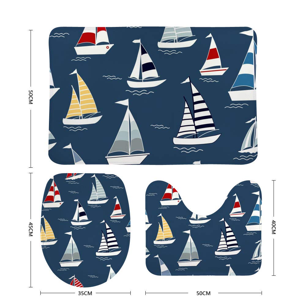 Kuizee 3-Piece Bathroom Rug Set - Non-Slip Coral Velvet Shower Mat, U-Shaped Toilet Rug & O-Shaped Lid Cover - Cartoon Marine Boat Design for Bathroom Decor - Perfect for Kids' Bathrooms, Guest Bathrooms & Coastal Themed Homes
