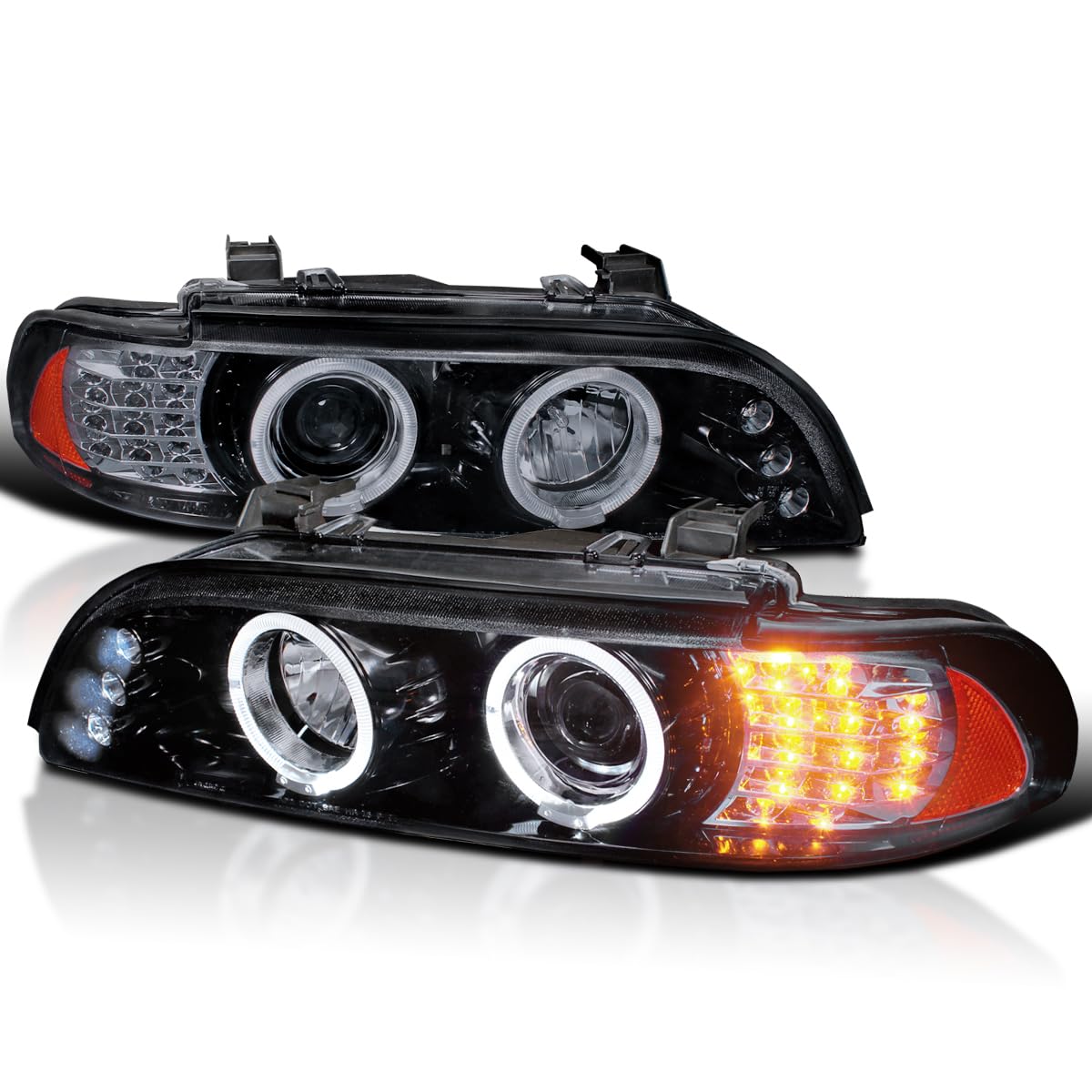 Spec-D Tuning Halo Projector Headlights + LED Signal Glossy Black for 2001-2003 BMW E39 5-Series (Non-OE Xenon Models) - Left & Right Headlamp Assembly - Upgrade Your Nighttime Driving Visibility & Style