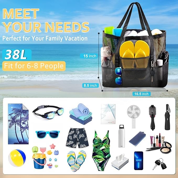 HirTa Gab Mesh Tote Hobo Beach Bag for Women - Sandproof, Durable with Multiple Pockets - Stylish Shopping & Pool Bag for Swimming, Travel & Daily Use - Mesh Black - Perfect for Beach Outings, Gym Visits and Summer Vacations
