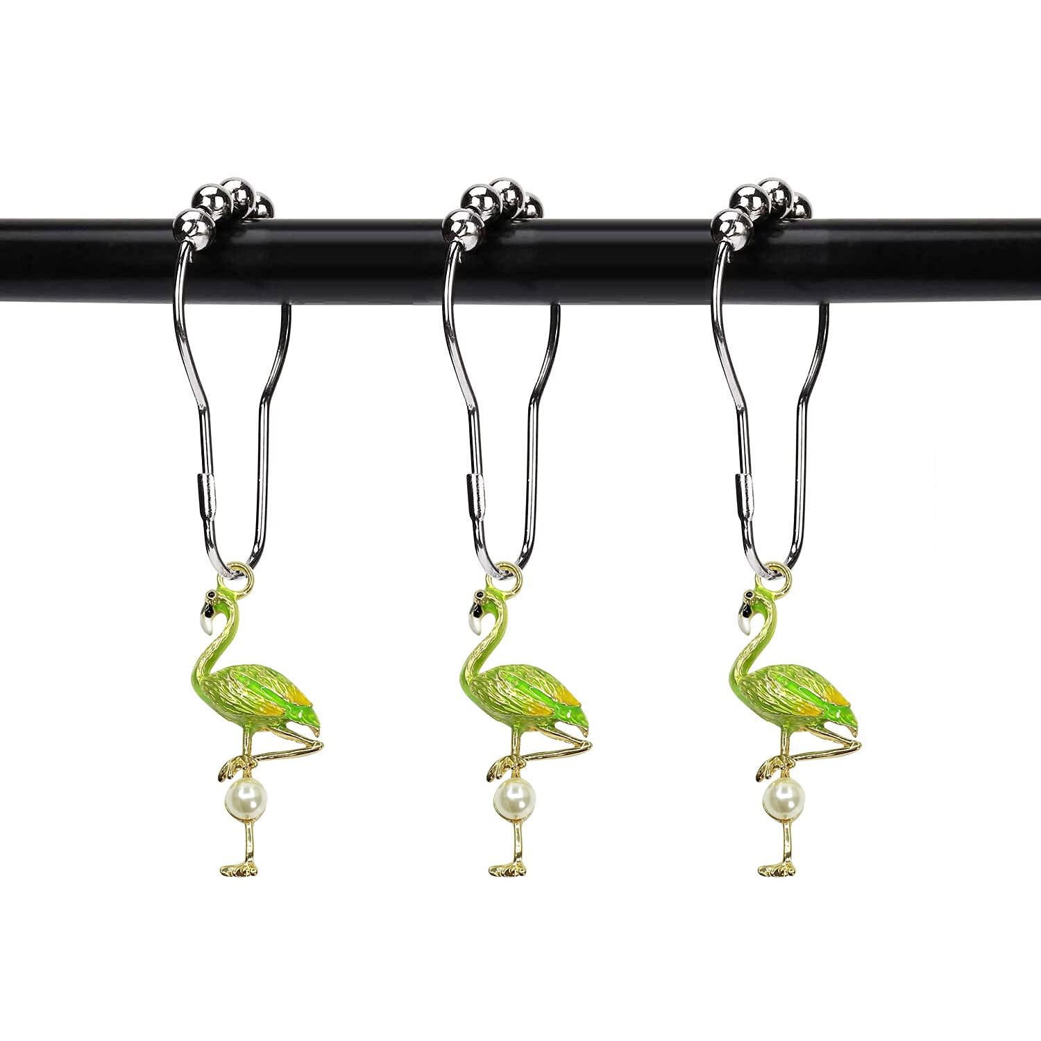12 Pack Flamingo Shower Curtain Hooks - Stainless Steel Rustproof Bathroom Accessories with Fluorescent Green Finish | Perfect for Tropical Beach Themed Bathrooms, Kids' Rooms & Coastal Home Decor