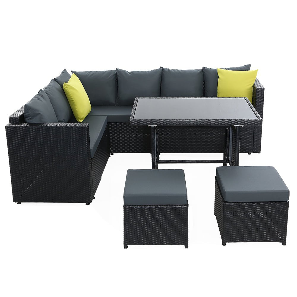 8-Piece Hamilton Outdoor Corner Dining Set with Black Frame & Gray Cushions - Perfect for Patio, Garden, and Backyard Entertaining