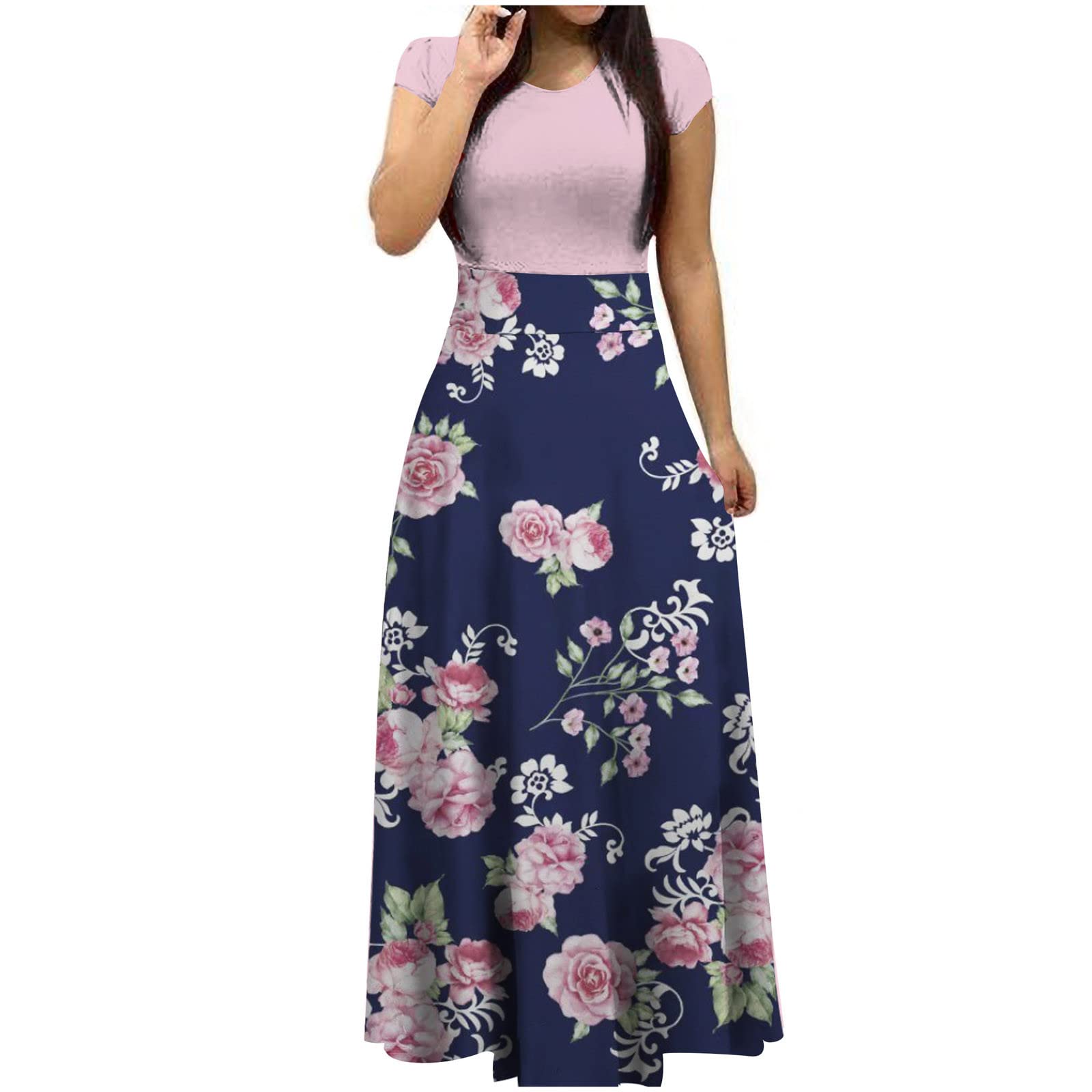 Women's Floral Printed Maxi Dress - Short Sleeve Summer & Spring Long Dress, Casual Loose Fit Beach Cover Up, Perfect for Vacations, Parties and Outdoor Events