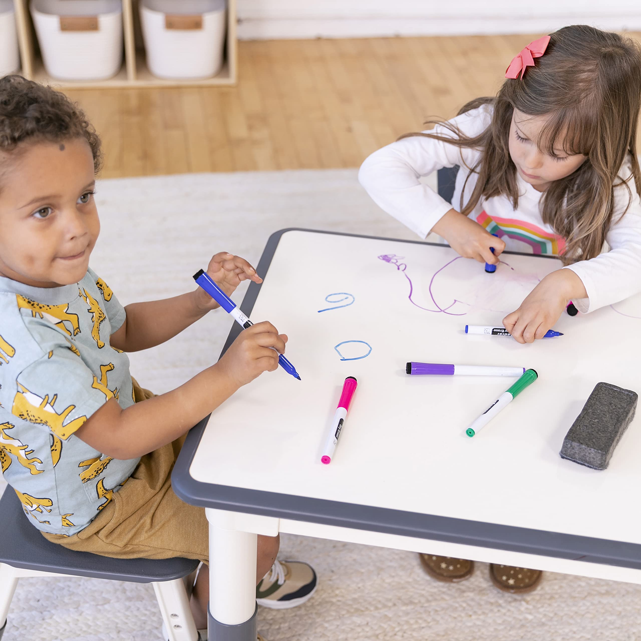 ECR4Kids Adjustable Dry-Erase Activity Table with 2 Chairs - Kids Study & Play Furniture Set for Classroom & Home Learning - Grey