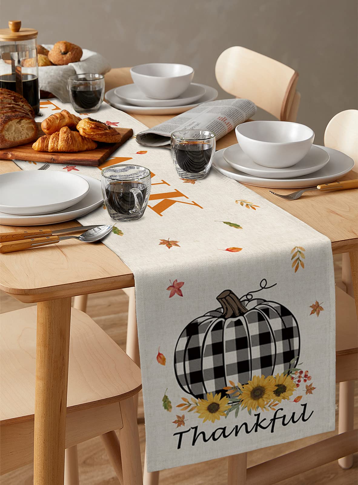 Pumpkin Sunflower Autumn Table Runners 36 Inches Long Washable Black White Buffalo Plaid Thanksgiving Table Runner for Round Table Kitchen Coffee Dining End Table Living Room Use, Perfect for Fall Decor and Holiday Gatherings