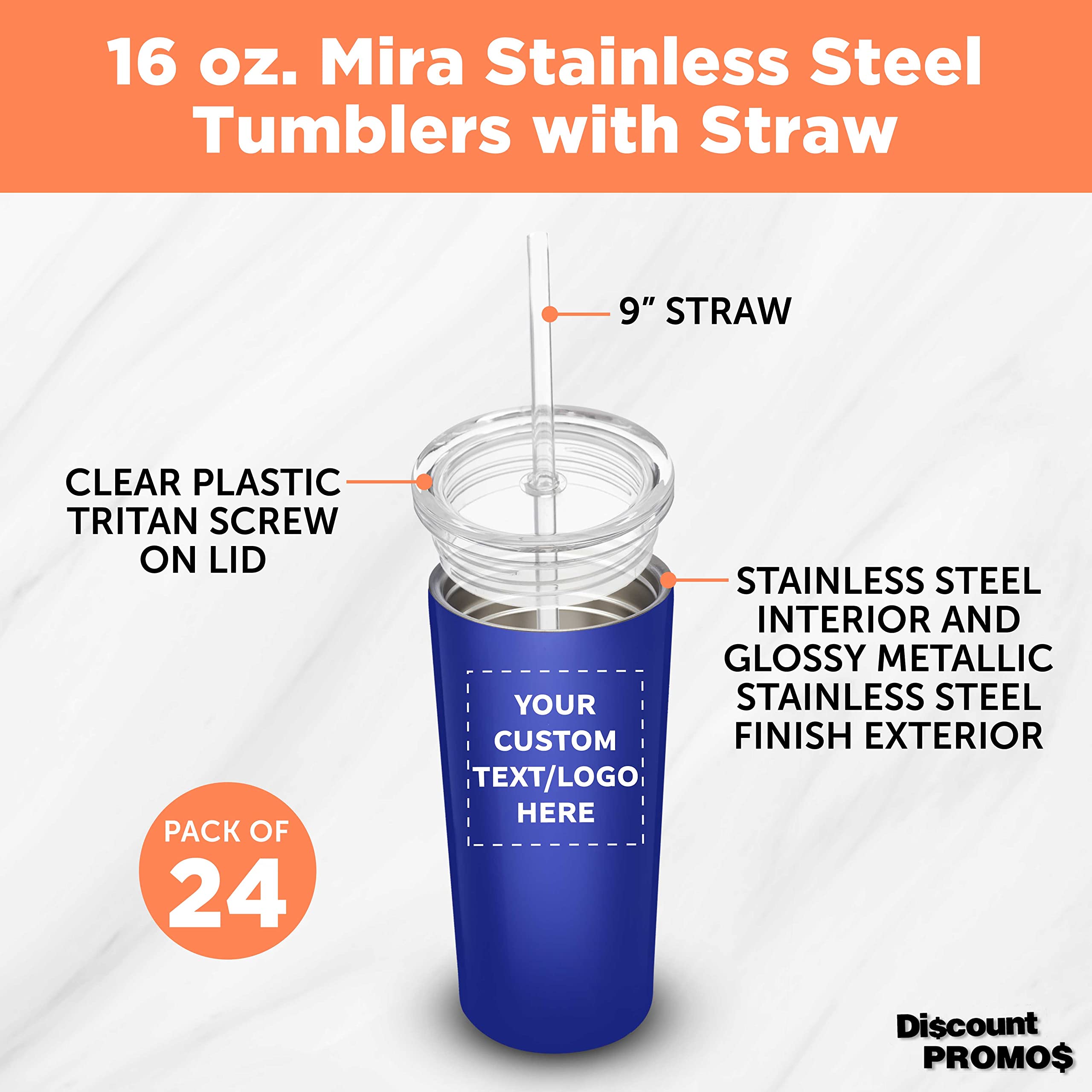 24-Pack Mira Stainless Steel Tumblers with Straws - 16oz Double Wall Insulated Cups - Customizable Text & Logo - Tritan Lid - Blue - Perfect for Office, Gym, Travel & Outdoor Activities
