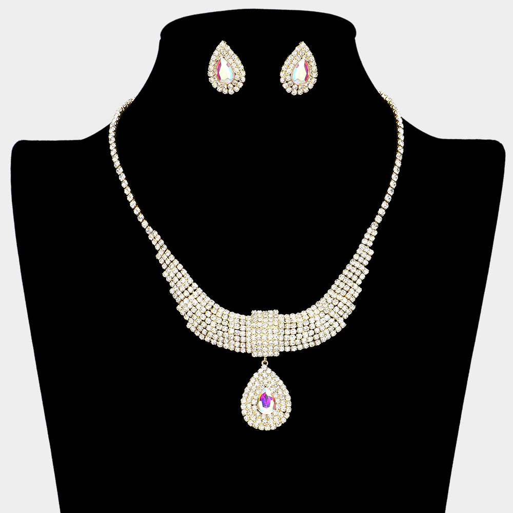 AB Gold Crystal Teardrop Rhinestone Cluster Evening Necklace Set - Elegant Prom Jewelry for Women | Perfect for Formal Dresses, Weddings & Special Occasions