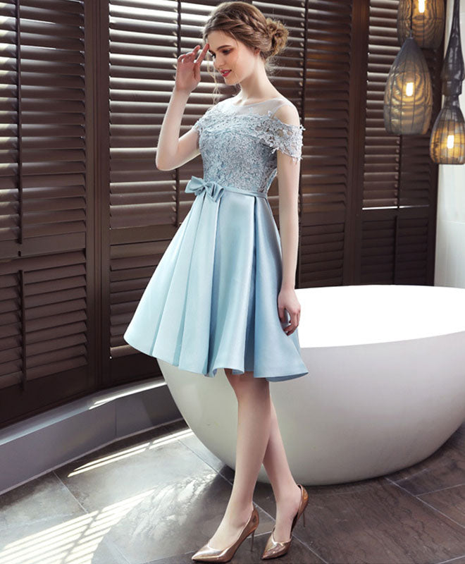 Elegant Royal Blue Satin Scoop Neck Lace Short Prom Dress - Homecoming Party, Cocktail Event, Formal Dance, Sweet 16 Celebration