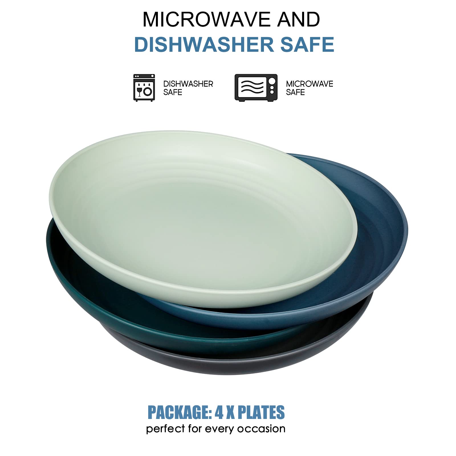 Shopwithgreen Lightweight Plastic Plates - 4 Pack 10 Inch Unbreakable Dinner Plates, Dishwasher & Microwave Safe, BPA Free, for Kids, Children, Toddlers & Adults | Perfect for Family Meals, Picnics, Parties, and Outdoor Dining