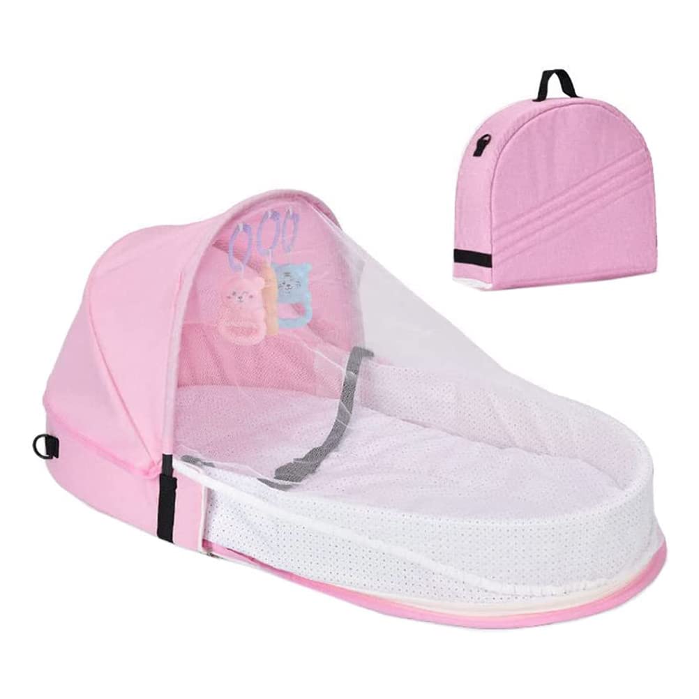 Portable Baby Bassinet with Net & Awning - Foldable Travel Cot, Changing Bag & Cuddly Nest for Newborns - Perfect for Home, Travel & Outdoor Use (Pink)