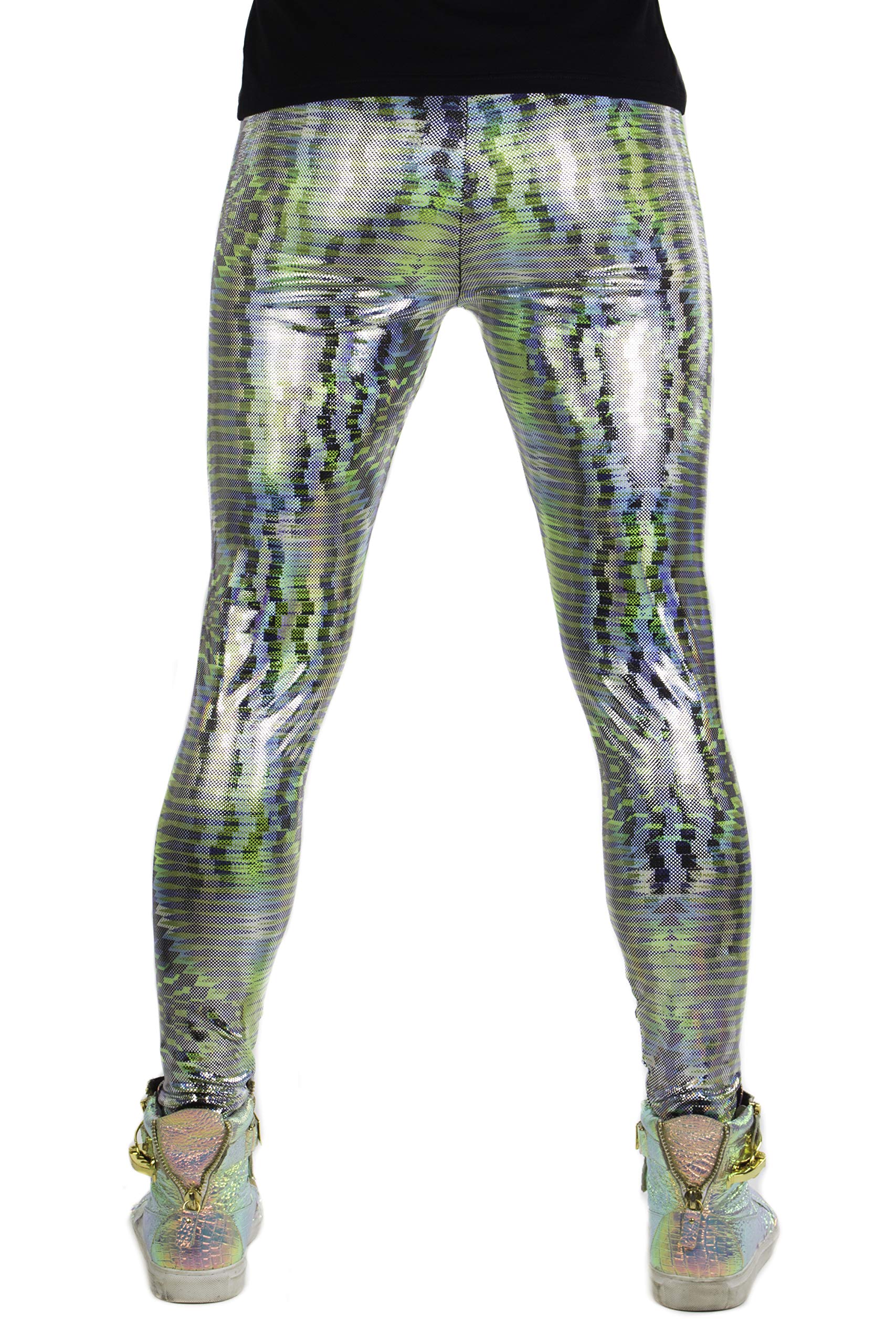 Funstigators Festival Clothing: Men's Holographic Disco Meggings - Made in USA | Rave Wear, EDM Parties & Music Festival Outfits