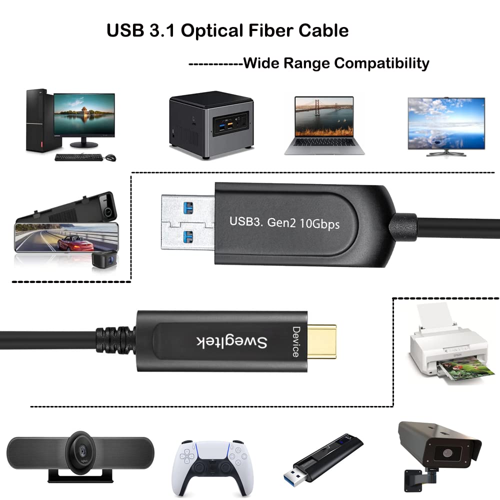 High-Speed 33ft USB A to USB C Fiber Optic Cable 10Gbps - Compatible with Industrial Cameras, Medical Equipment, Printers & Gaming Controllers - Perfect for Machine Vision, Security Systems & Broadcast Studios