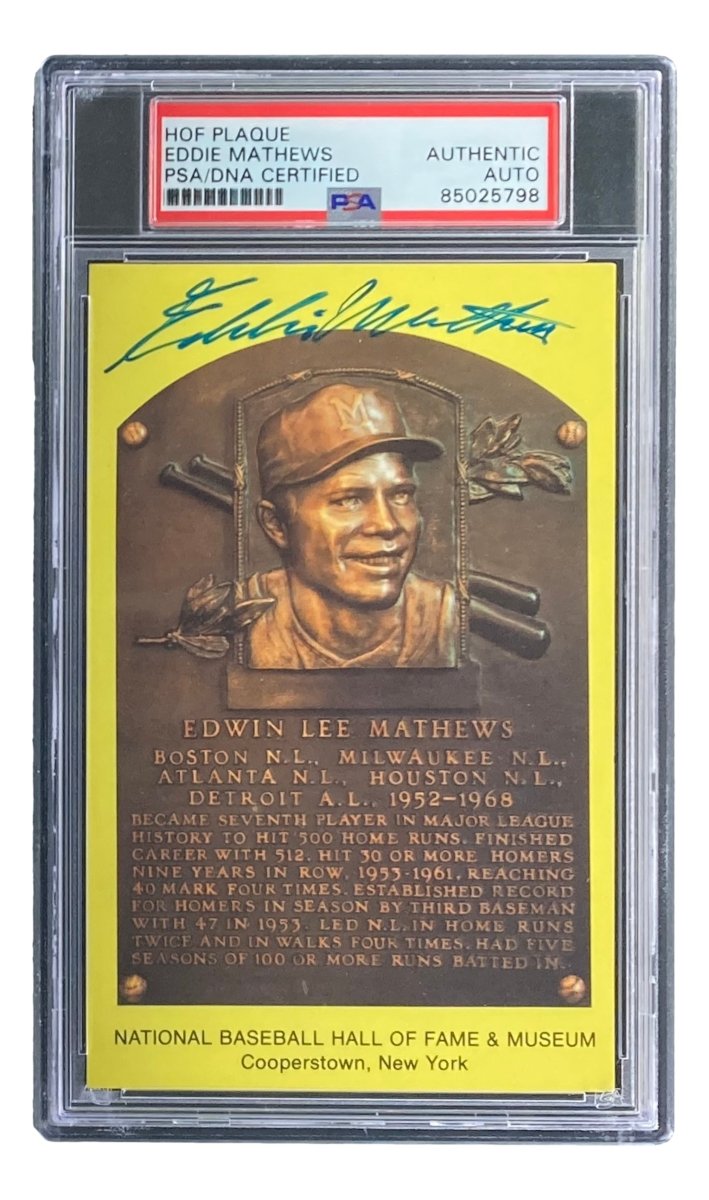Authentic Eddie Mathews Signed 4x6 Milwaukee Braves HOF Plaque Card with PSA/DNA Certification #85025798 - Perfect for Baseball Memorabilia Collections and Sports Fan Gifts