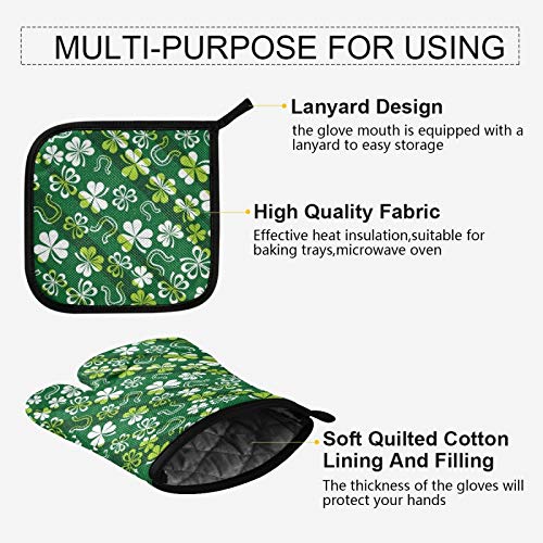 St. Patrick's Day Green Shamrock Horseshoe Oven Mitts & Pot Holders Set - 2Pcs Heat Resistant Kitchen Gloves for Baking, Cooking, Grilling, BBQ - Perfect Holiday Kitchen Decor & Gift for Irish-Themed Parties