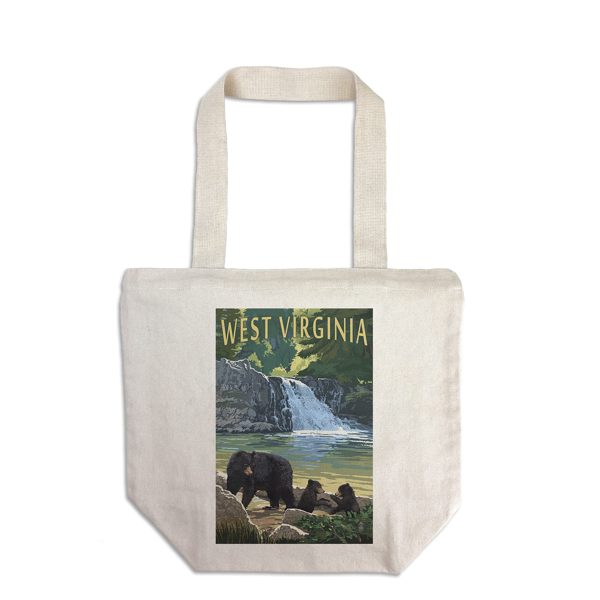 Lantern Press West Virginia Waterfall and Bears Tote Bag - 100% Cotton Canvas Reusable Shopping Bag for Groceries, Beach, Picnics & Daily Use