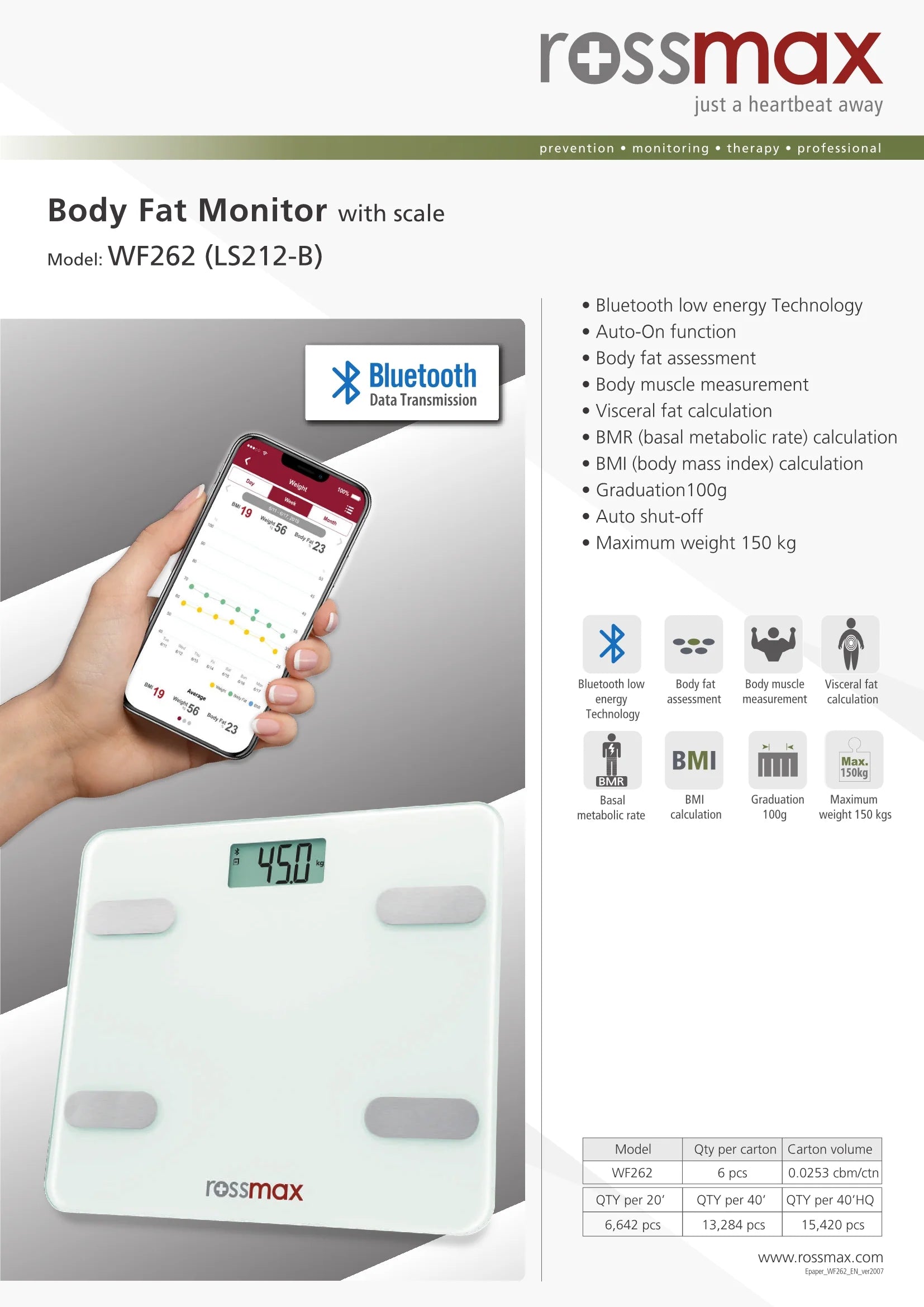 Rossmax WF262 Bluetooth Smart BMI Body Fat Scale - Digital Weight Scale with Body Composition Analyzer, Syncs to Fitness App for Health Tracking - Perfect for Home Gym, Weight Loss & Wellness Monitoring