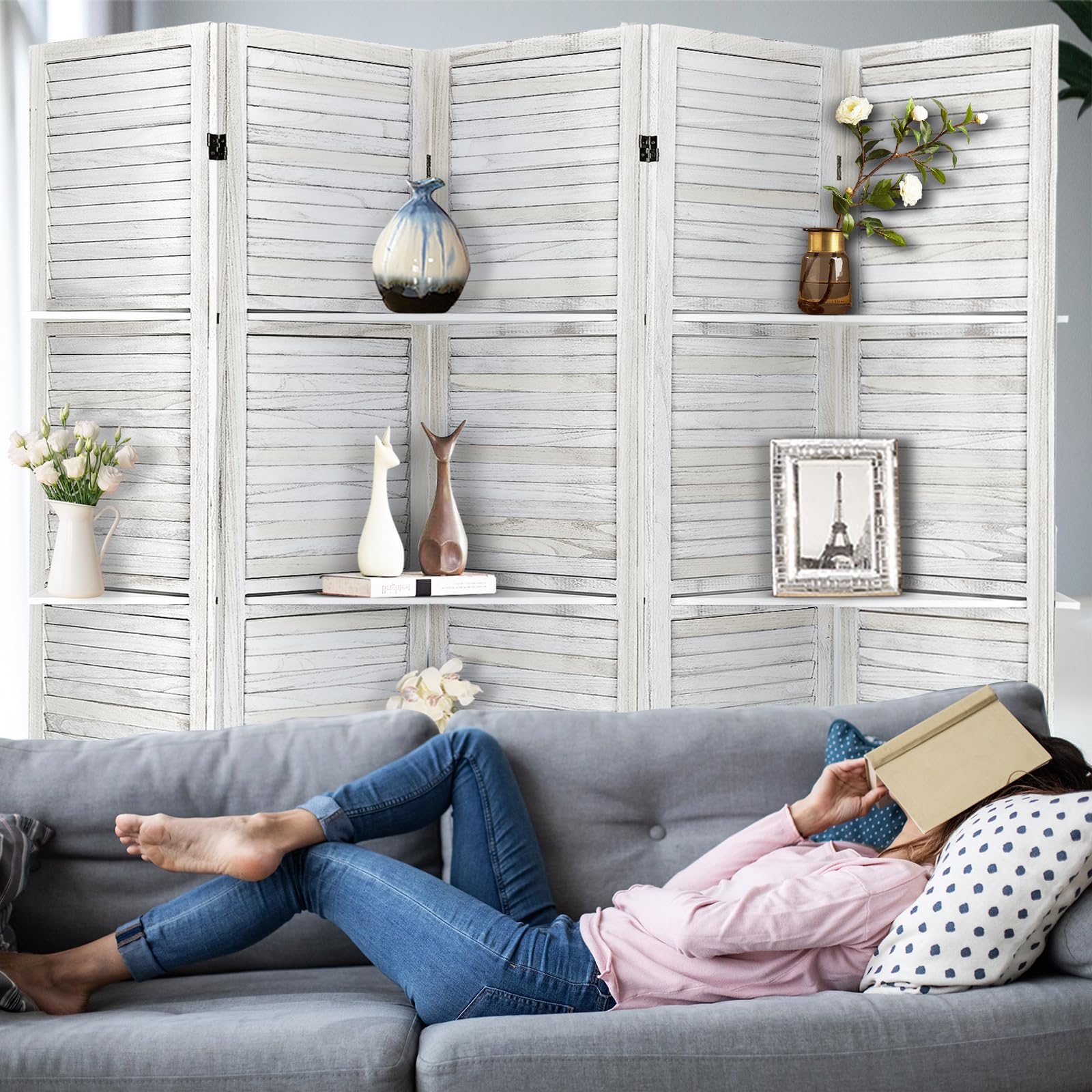 5.6 Ft Tall Wood Room Divider with Shelves - Folding Privacy Screen & Partition Panel for Home, Office, or Studio - Coconut Finish, 5 Panel - Perfect for Creating Separate Spaces in Living Rooms, Bedrooms, or Workspaces