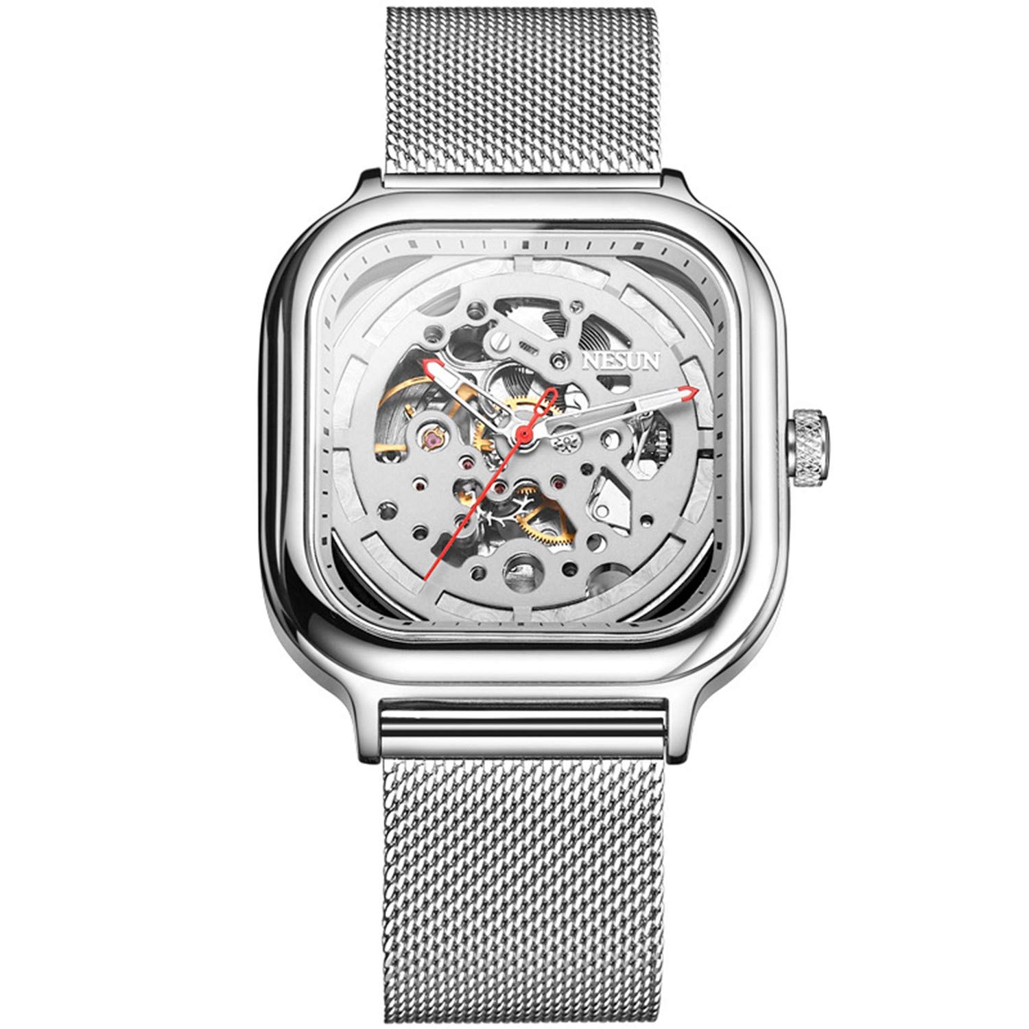 Men's Skeleton Automatic Mechanical Watch - Waterproof Stainless Steel Square Wristwatch with Large Face | Perfect for Business, Formal Events & Everyday Wear