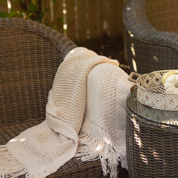 Soft Cream Cotton Knit Throw Blanket with Fringe - Cozy Handmade Knitted Blanket for Couch, Bed & Nursery Decor - Perfect for Winter, Gifts & Home Styling