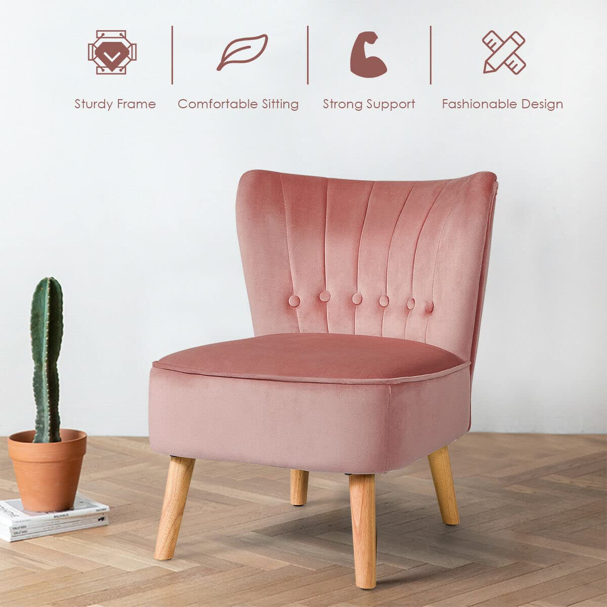 Modern Velvet Tufted Armless Accent Chair with Rubber Wood Legs - Comfy Single Sofa for Living Room, Bedroom & Office - Pink | Perfect for Small Spaces, Reading Nooks & Cozy Corners