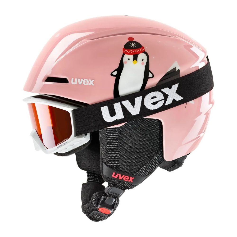 Uvex Viti Ski Helmet and Goggle Set for Women & Men - Pink Penguin Design, Adjustable 46-50cm - Perfect for Snowboarding, Skiing & Winter Sports