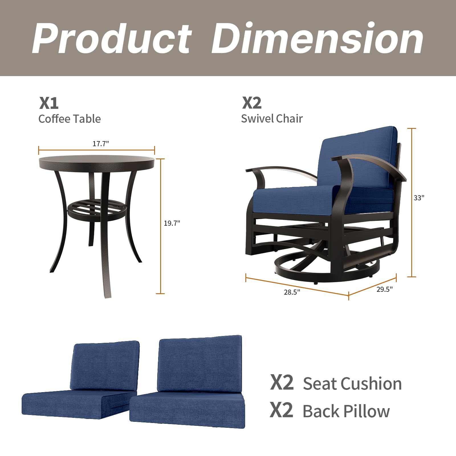 Gotland 3-Piece Outdoor Aluminum Swivel Rocking Chair Set with Coffee Table & Navy Cushions - Patio Furniture for Porch, Garden, Deck, and Backyard Relaxation