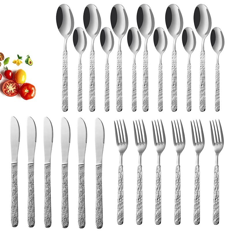 24-Piece Stainless Steel Silverware Flatware Set - 304 Grade Cutlery for Dinnerware, Knife Fork Spoon Tableware, Dishwasher Safe - Perfect for Restaurants, Weddings, and Everyday Dining (Retro Western Style)