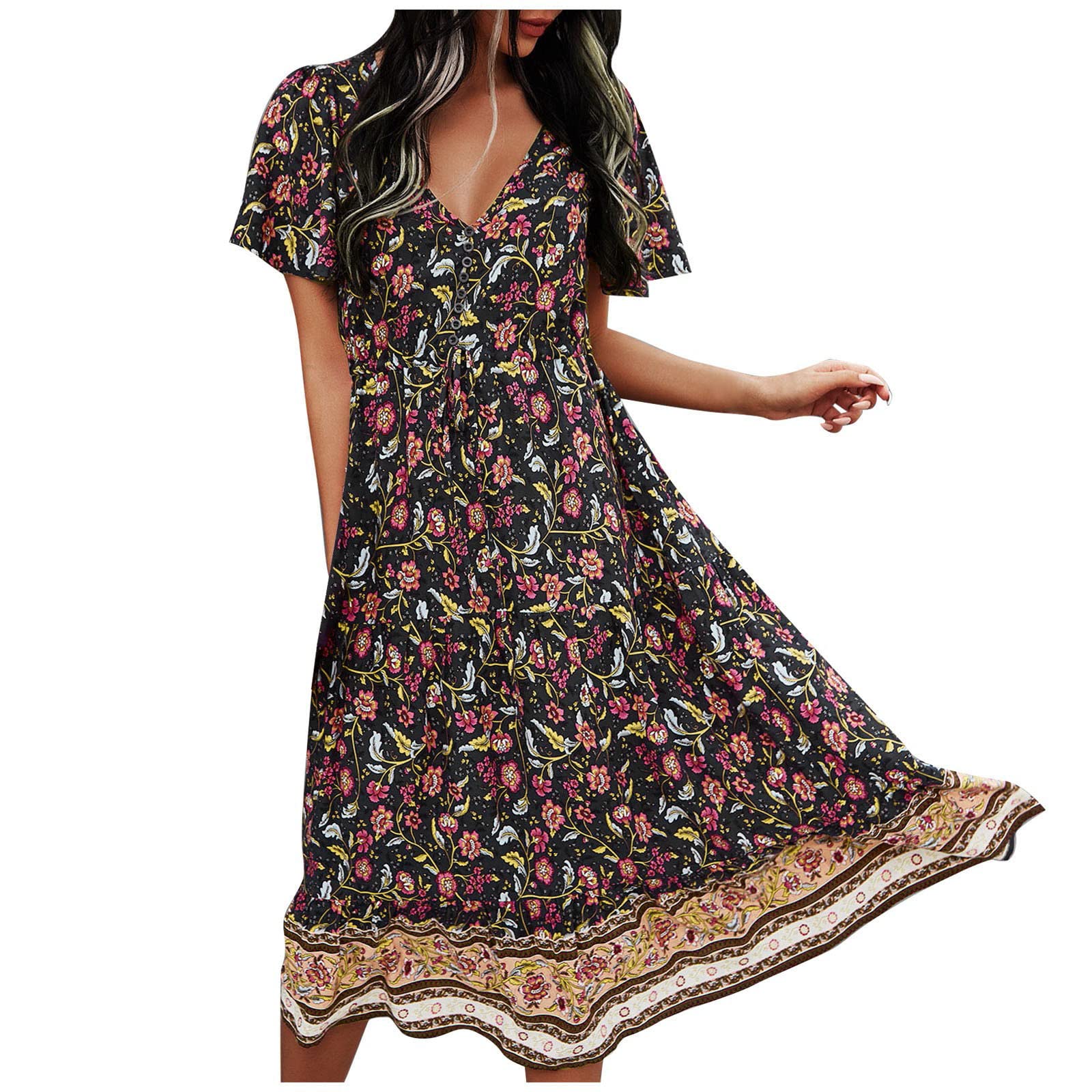 Women's Short Sleeve V-Neck Printed Belted Maxi Dress - Floral Summer Dress for Casual Outings, Beach Vacations & Date Nights