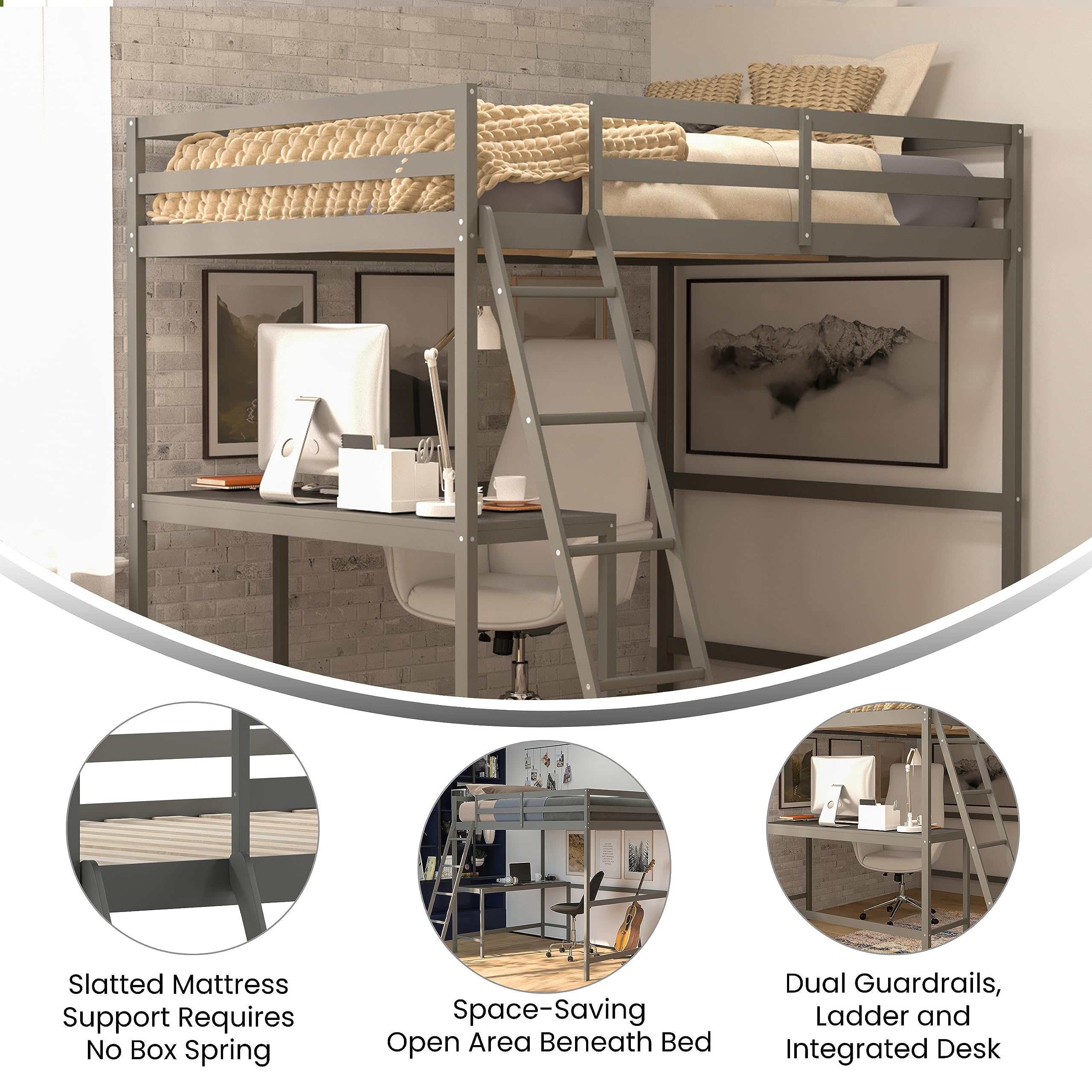 Full Size Loft Bed Frame with Desk - Light Gray Wood Slats, Protective Guard Rails & Ladder - Space Saving Design for Kids & Teens - Perfect for Small Bedrooms & Dorm Rooms