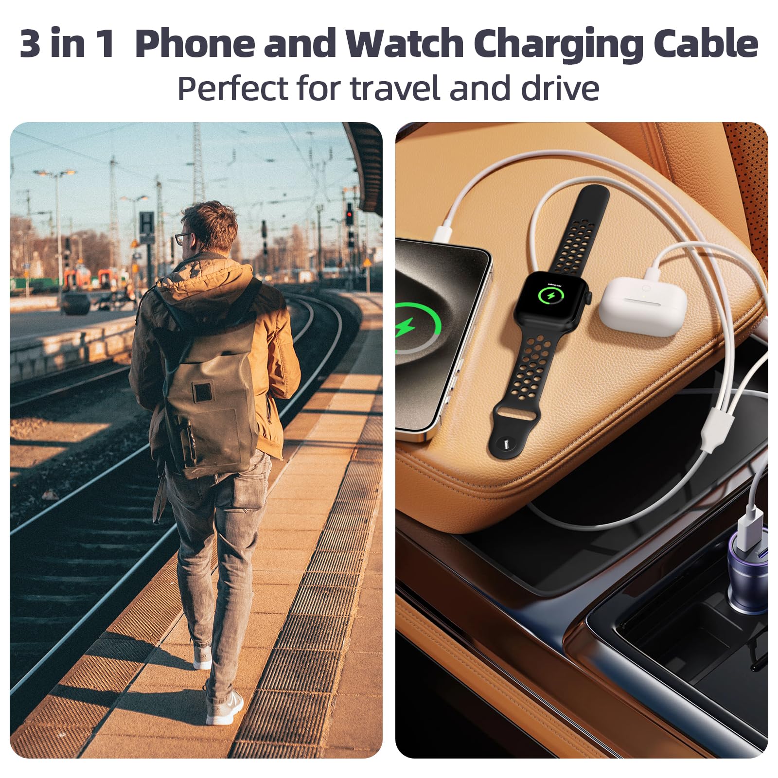 3-in-1 USB C Charging Cable for Apple Watch & iPhone - Fast Charger Cord Compatible with iWatch Series 10/9/SE2/8/7/6/5/4/3/2/1/SE & iPhone 16/15/14/13/12 (4.9FT) - Perfect for Travel, Office and Home Charging