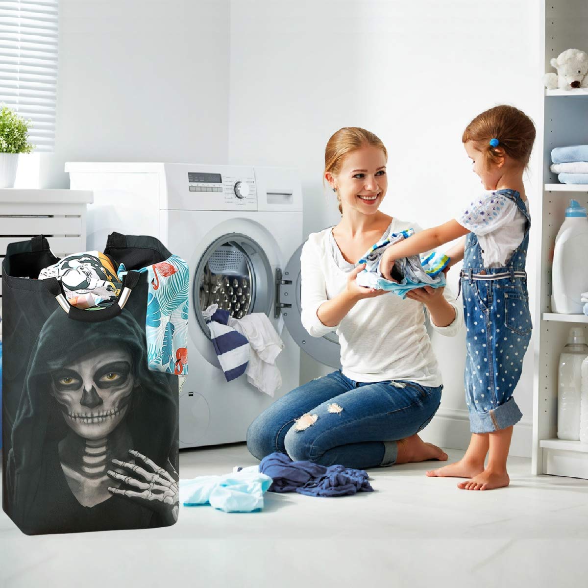 Visesunny Large Collapsible Laundry Hamper - Black Skull Witch Design, Foldable Oxford Fabric Laundry Basket with Handles, Waterproof Dirty Clothes Storage Bin for Washing Machine, Perfect for Dorm, Apartment & Travel Laundry Organization