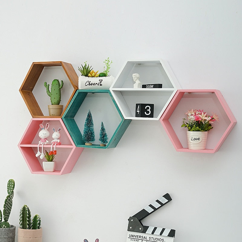 Hexagon Wood Wall Shelf - Modern Geometric Floating Shelves for Home Decor, Bathroom, Bedroom & Living Room Storage | Rustic Wooden Display Shelf for Plants, Books & Decorative Items