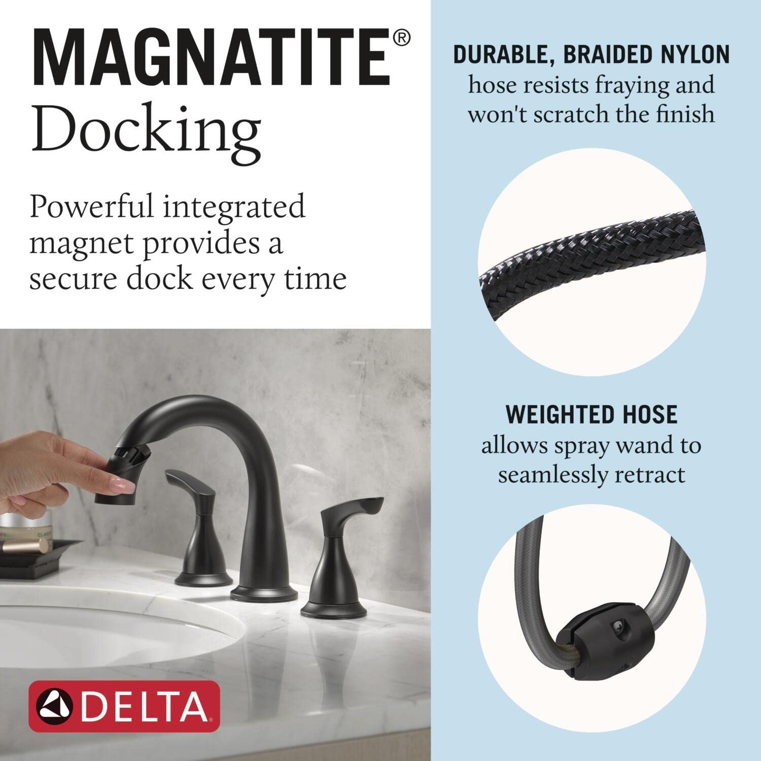 Delta Faucet Broadmoor Pull Down Bathroom Faucet Black - Widespread 3 Hole Bathroom Sink Faucet with Magnet Dock - Matte Black Finish (Model 35765LF-BLPD) - Perfect for Modern Bathrooms, Powder Rooms & Guest Baths