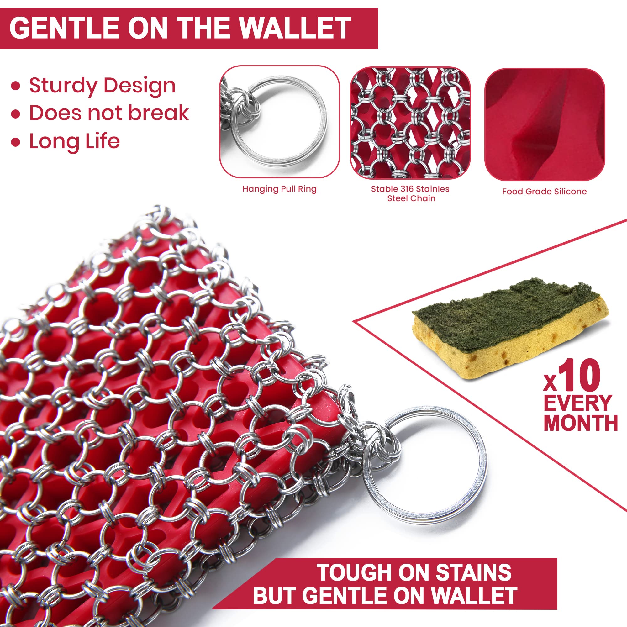 316 Stainless Steel Cast Iron Scrubber Kit with Pan Scraper & Silicone Sponge - Heavy Duty Chainmail Skillet Cleaner for Cast Iron Pans - Dishwasher Safe - Perfect for Camping, Outdoor Cooking & Kitchen Cleaning