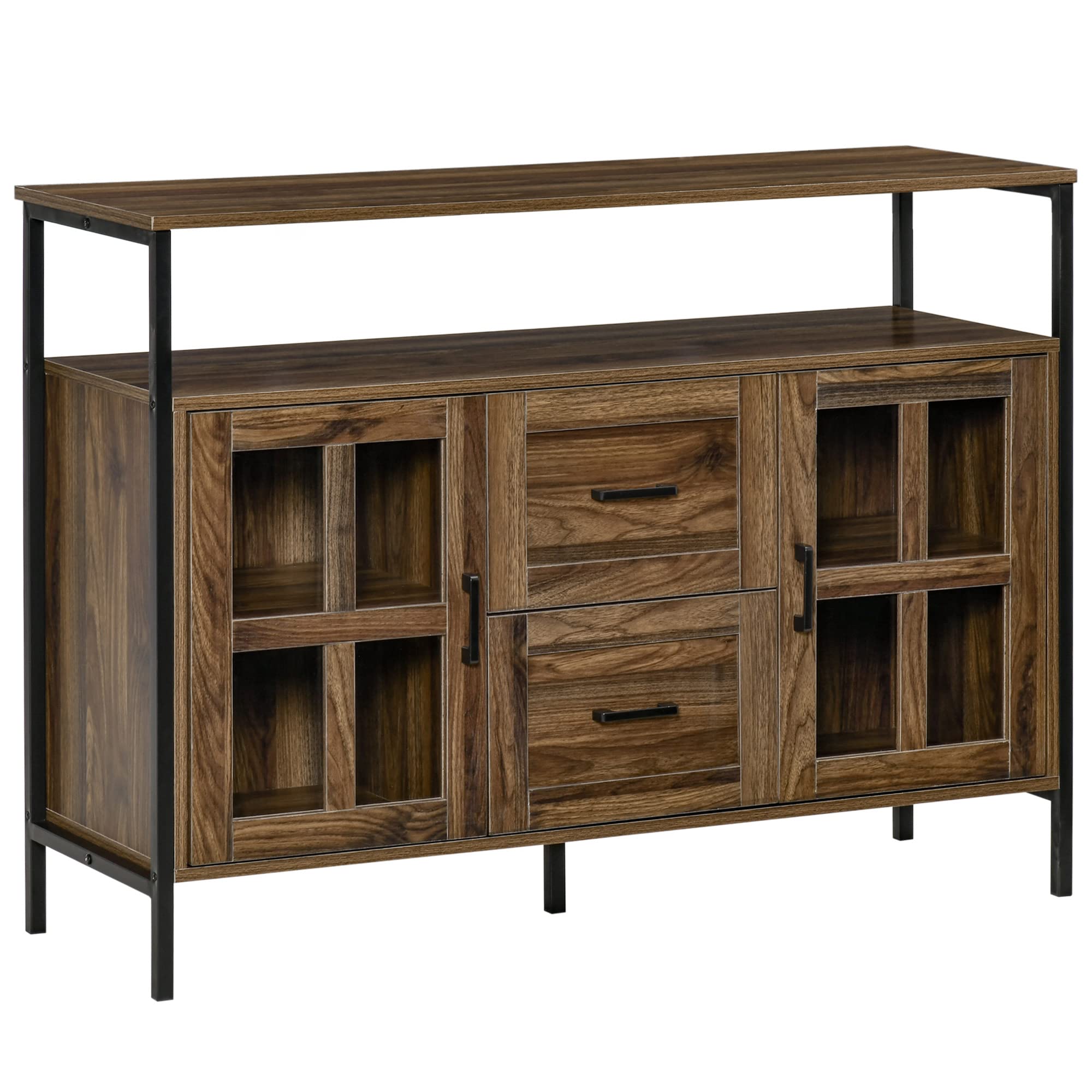 Rustic Buffet Cabinet with Adjustable Shelves & Glass Doors - Kitchen Sideboard with 2 Drawers for Living Room Storage - Brown Wooden Buffet for Dining Room & Home Decor