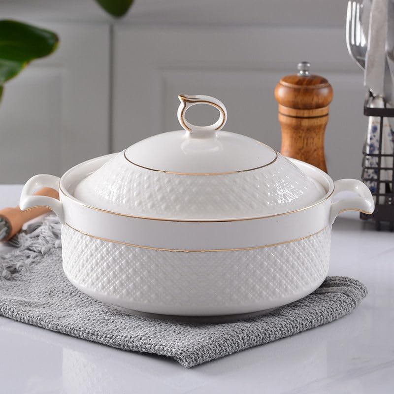 Premium White Ceramic Soup Tureen with Lid - Large Heat-Resistant Porcelain Serving Bowl with Gold Gilded Handles (Rhomboid Design) - Elegant Dinnerware for Holiday Entertaining & Family Gatherings