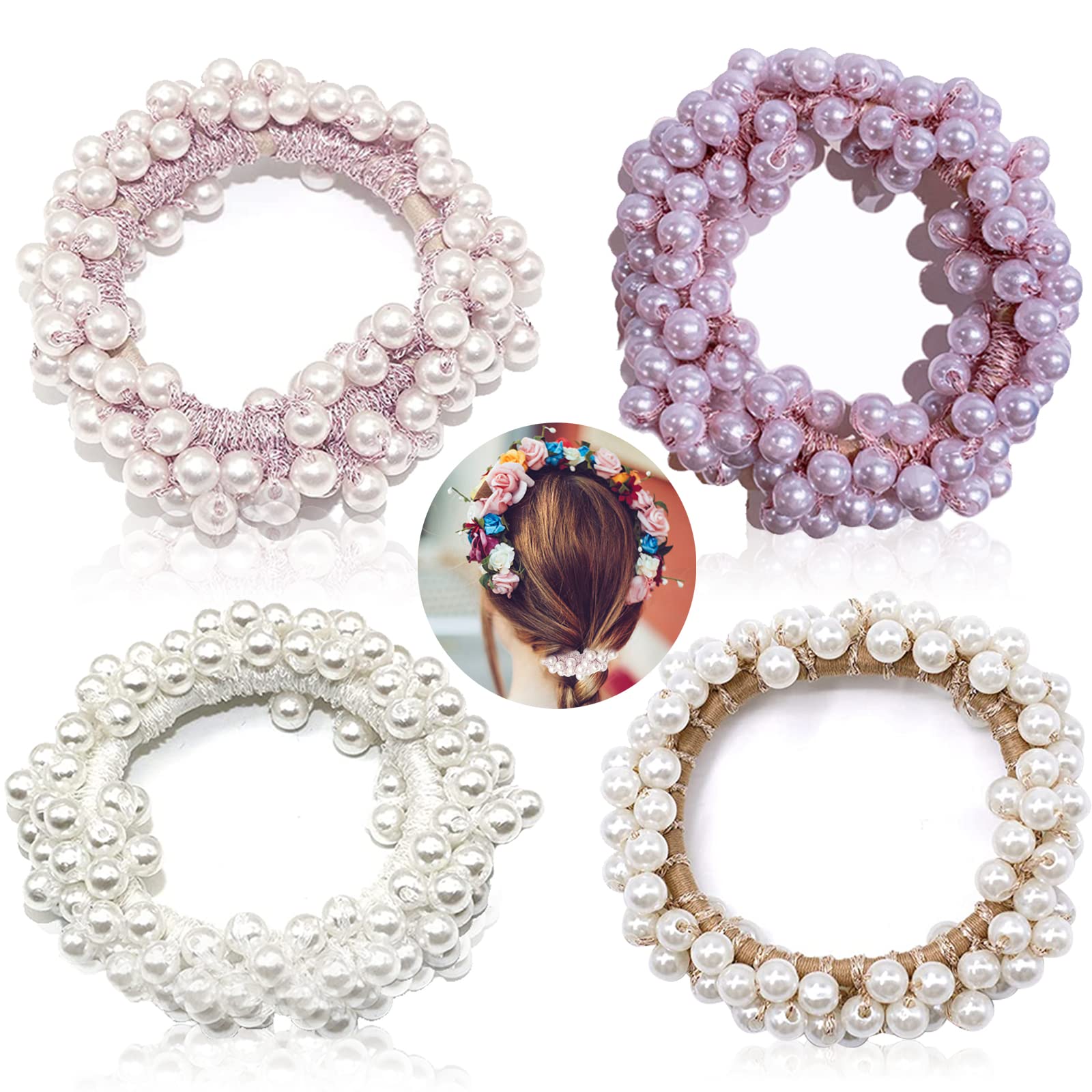 4 Pcs Pearl Hair Scrunchies - Soft Elastic Ponytail Holders for Women & Girls, Fashion Hair Ties with Pearl Accents | Perfect for Everyday Wear, Office, Parties & Special Occasions