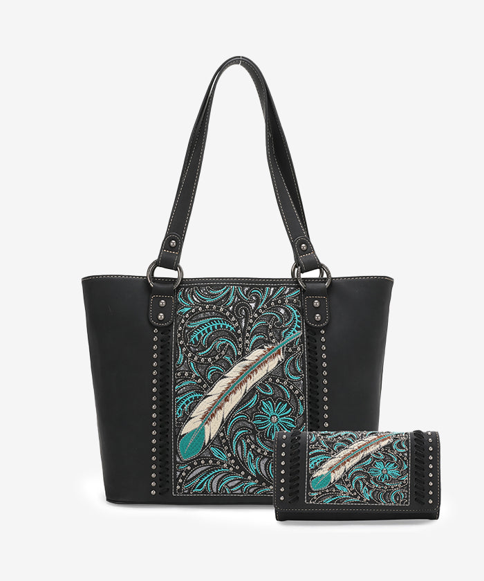 Montana West Embroidered Feather Concealed Carry Tote Set - Stylish CCW Purse with Hidden Gun Pocket for Women | Perfect for Everyday Carry, Travel & Self-Protection