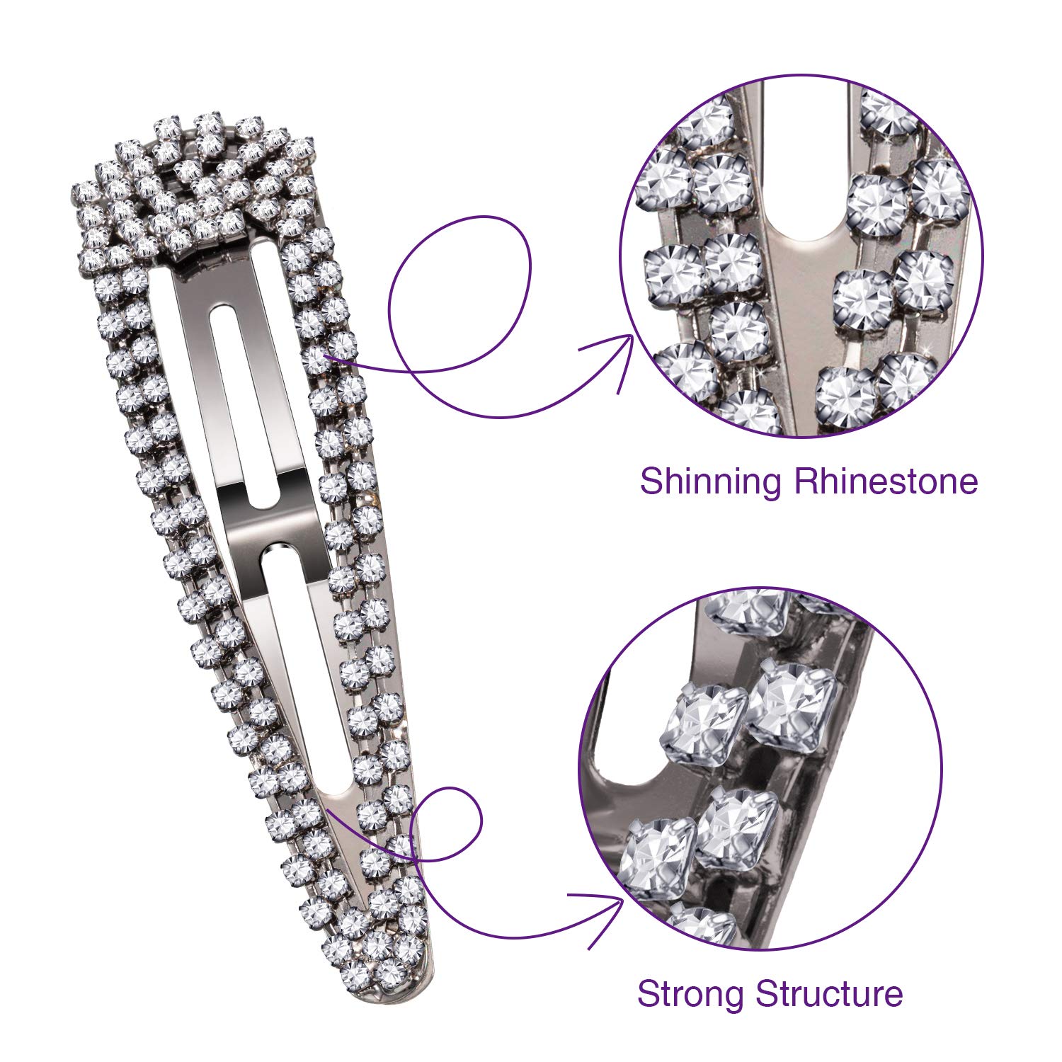 6-Piece Rhinestone Hair Clips Set - 3 Inch Snap Barrettes for Women & Girls - Wedding Bridal Hair Accessories in Black, Silver & Gold - Perfect for Parties, Prom & Special Occasions