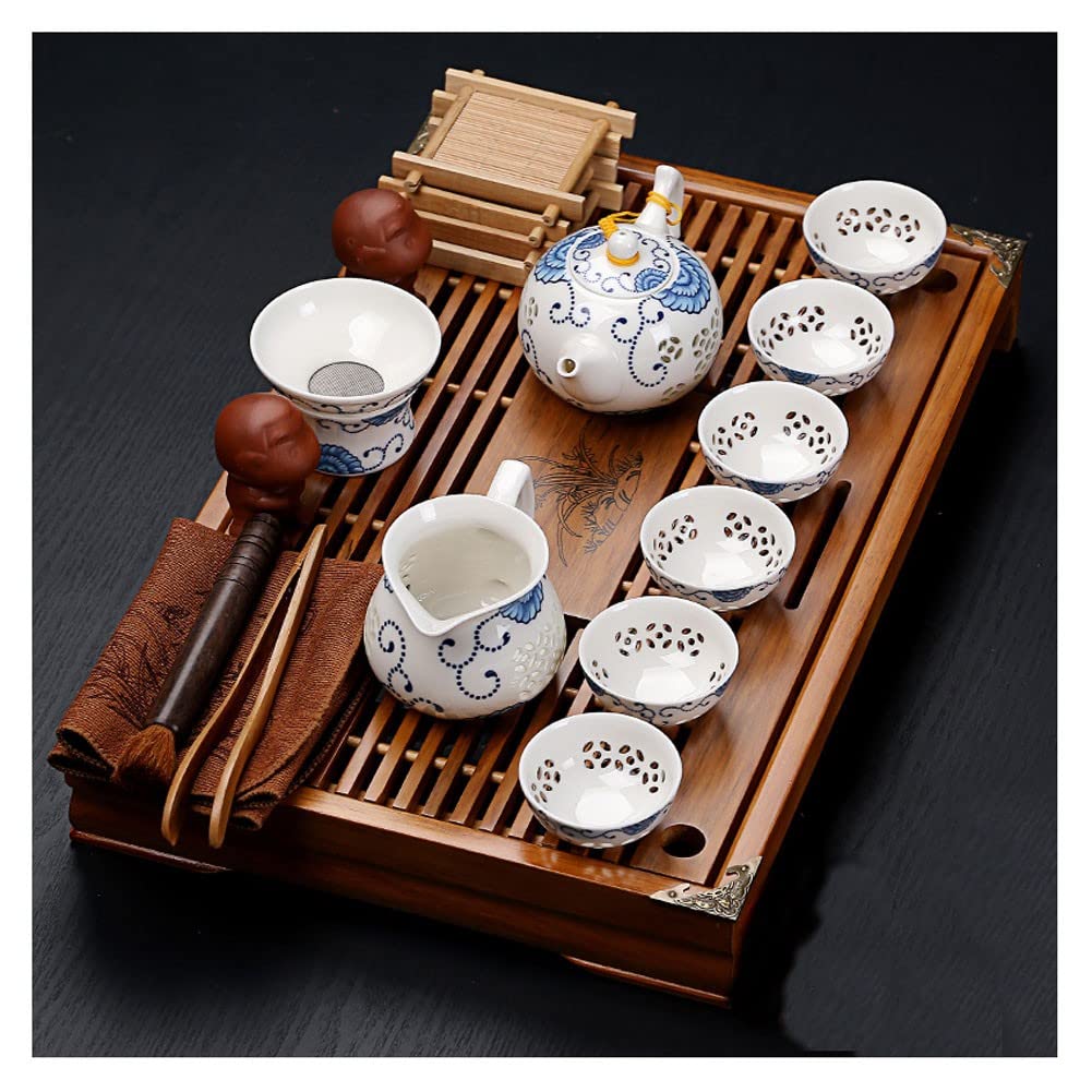 Premium Chinese Gongfu Tea Set - Ceramic Teapot with 6 Cups & Saucers, Tea Tray & Travel Case | Traditional Japanese Style Buddha Zen Tea Ceremony Set for Home, Office & Travel Use