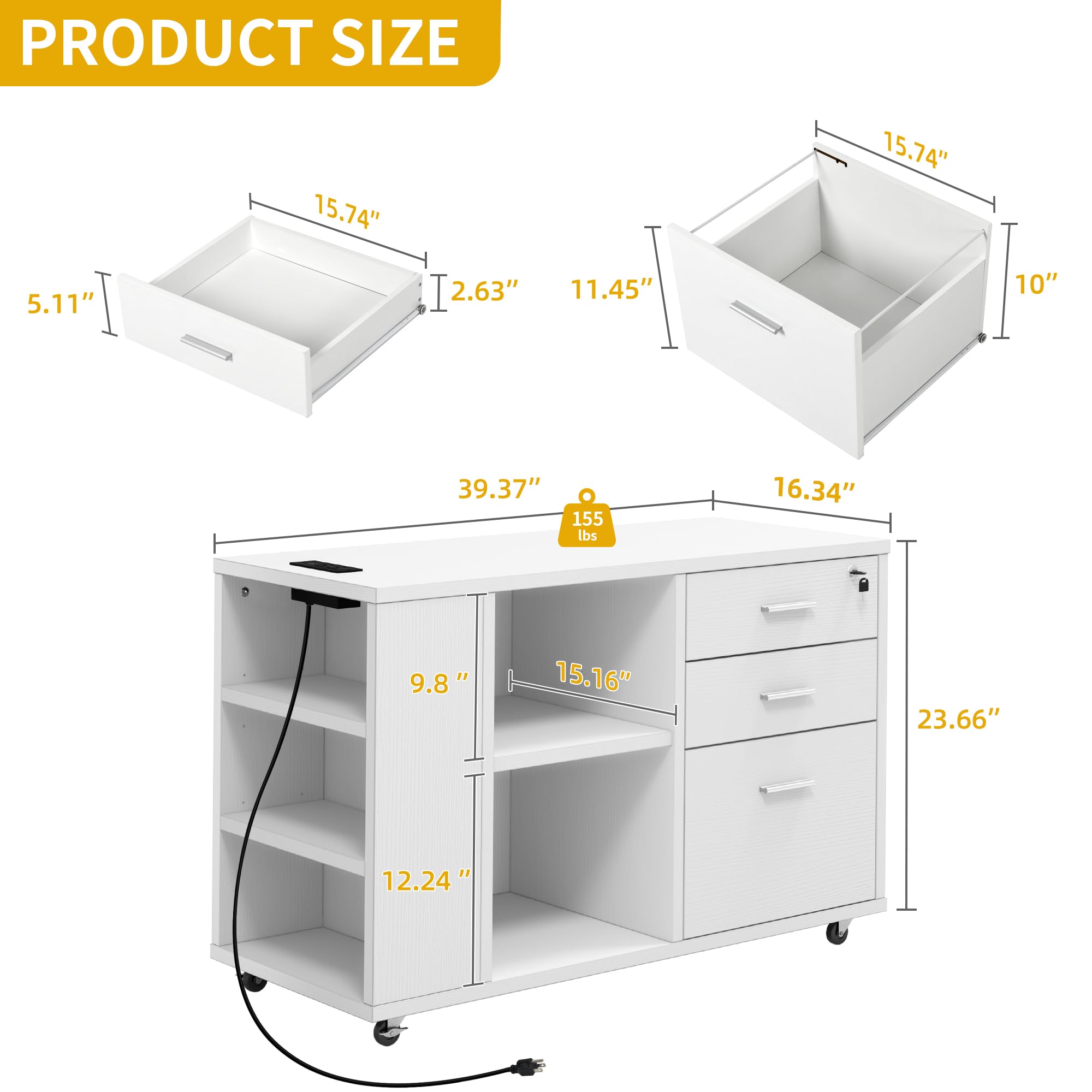 DWVO 3-Drawer Mobile File Cabinet with Lock - White Office Storage Organizer, Printer Stand with Charging Station for Home & Workspace - Perfect for Document Filing, Office Supplies Storage & Workspace Organization