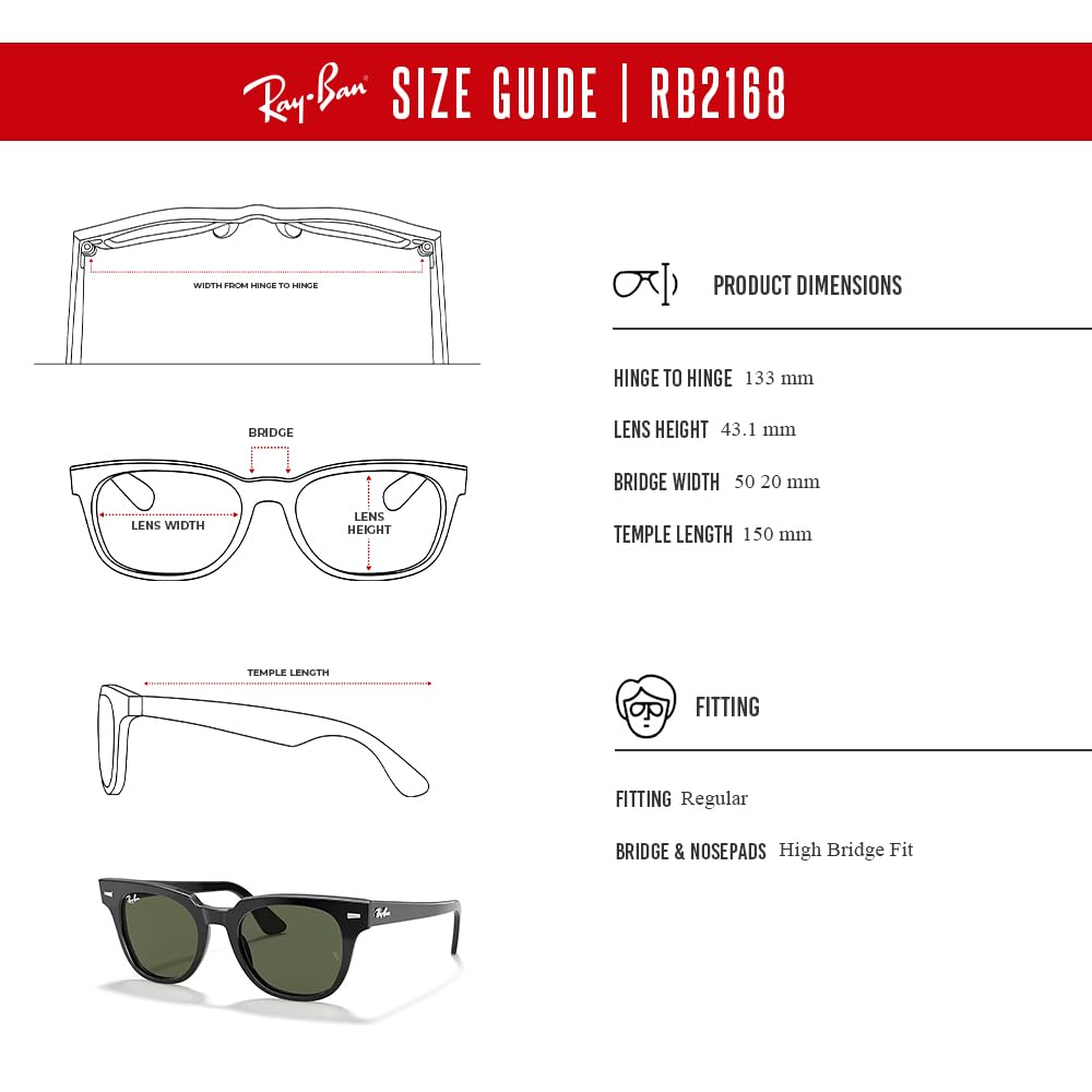 Ray-Ban RB2168 METEOR Square Sunglasses for Men & Women - UV Protection Polarized Lenses + Free Eyewear Care Kit | Perfect for Driving, Beach & Outdoor Activities