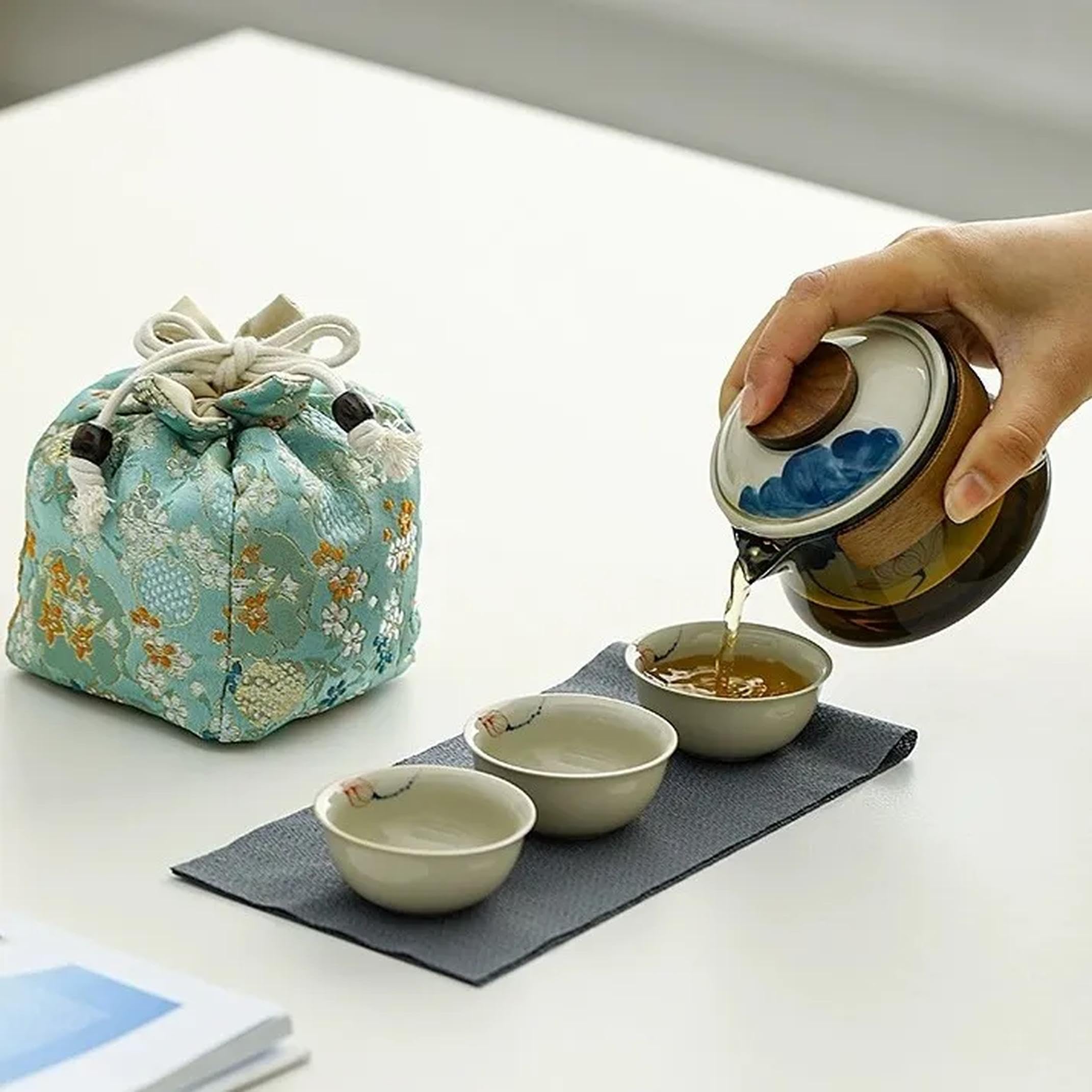 Floral-Themed Portable Tea Set - 1 Ceramic Teapot & 3 Mini Cups - Perfect Tea Gift for Tea Lovers (Lotus Design) - Ideal for Travel, Picnics & Home Tea Ceremonies